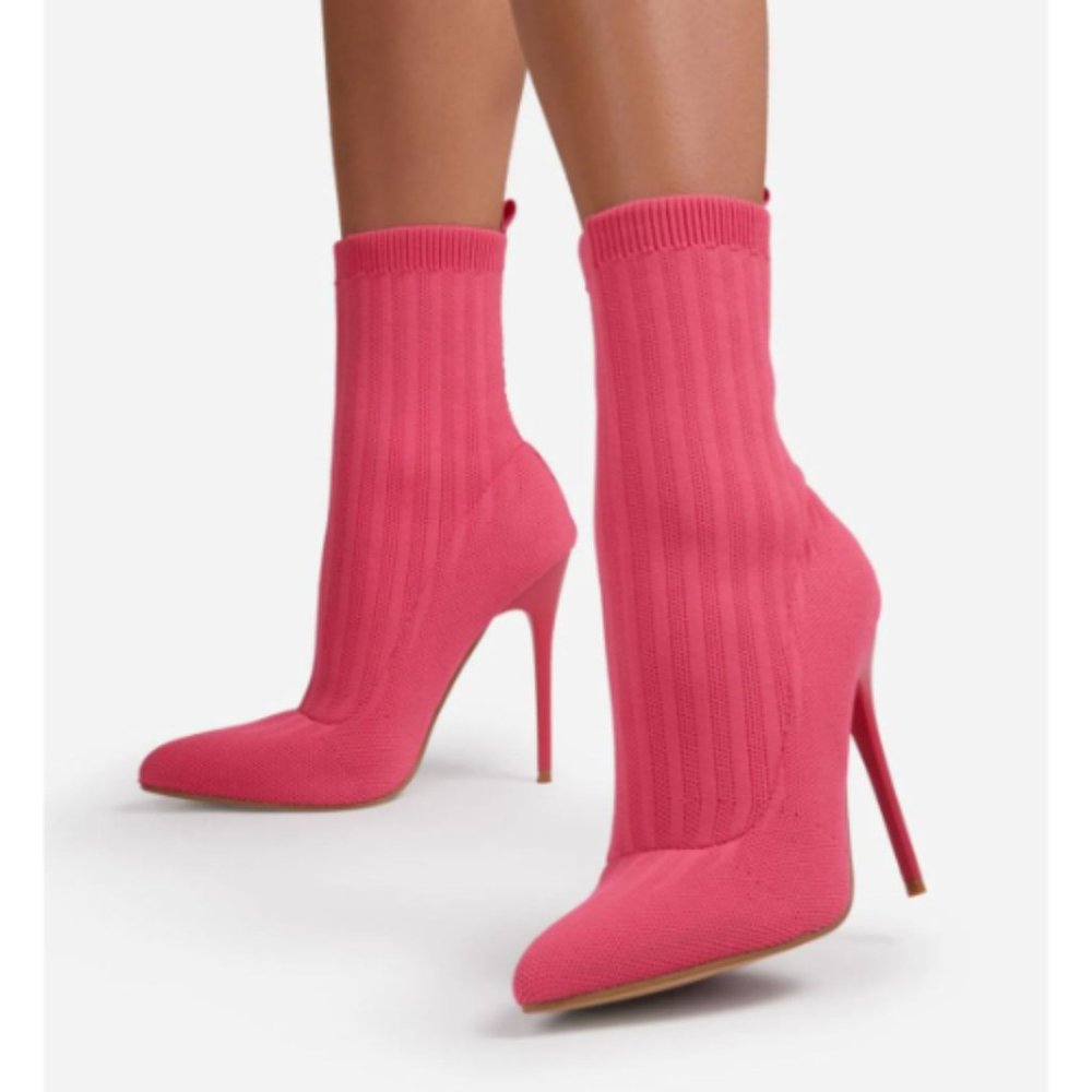 Womens Ribbed Knit Pointy Toe Sock Ankle Boots Pink Size 7.5